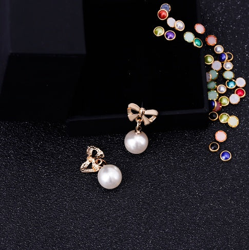 Heart Shaped Zircon & Bow Pearl Earrings