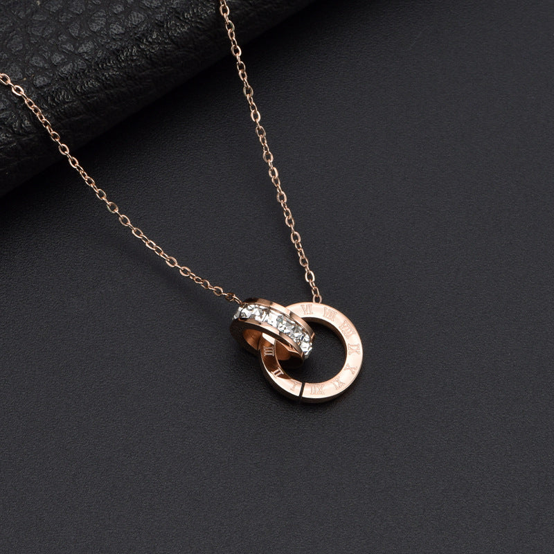 Roman Numeral Ring & Diamond Titanium Steel Necklace