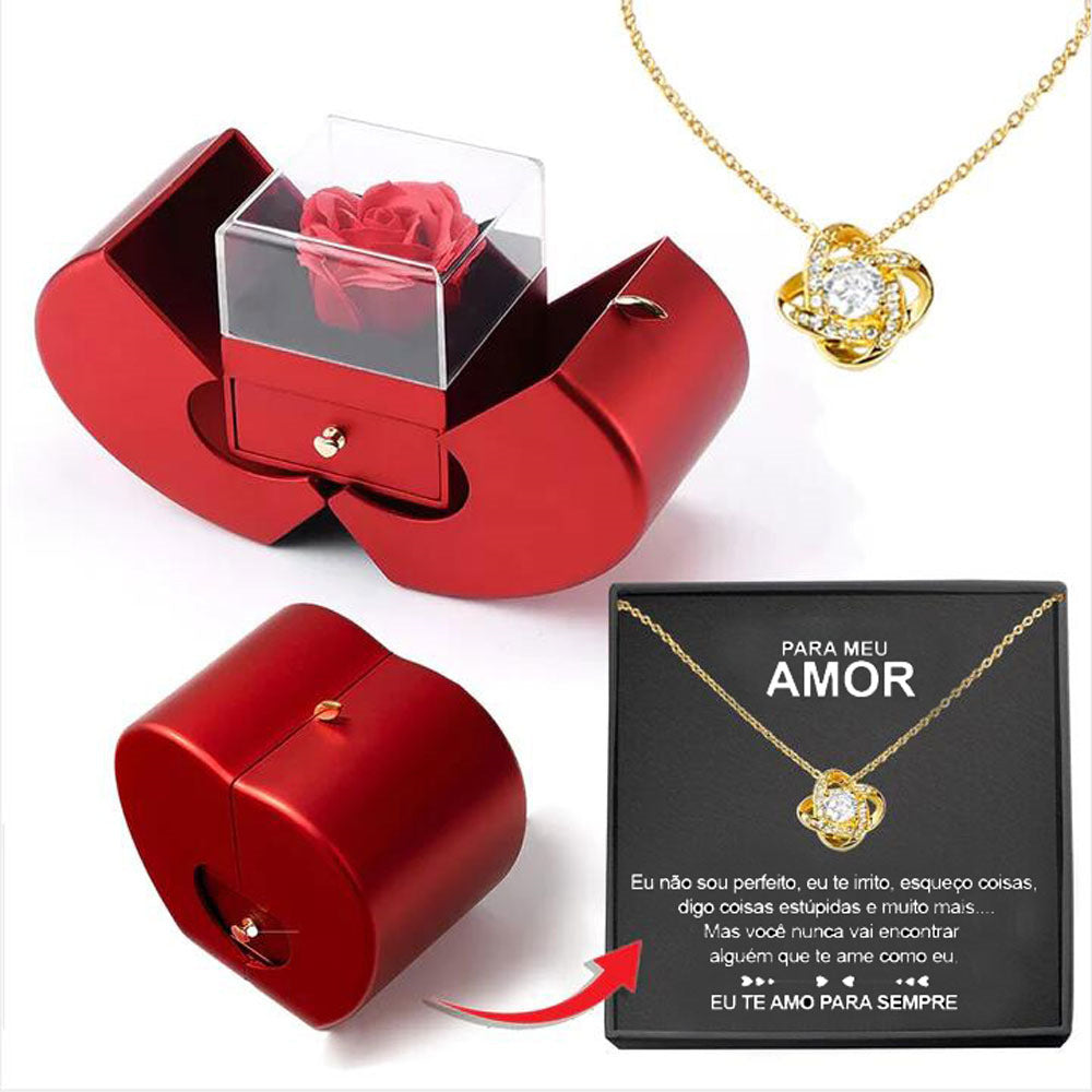 Red Apple Jewelry Box with Eternal Rose & Necklace