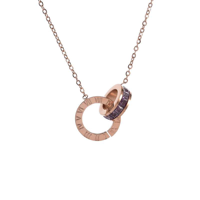 Roman Numeral Ring & Diamond Titanium Steel Necklace