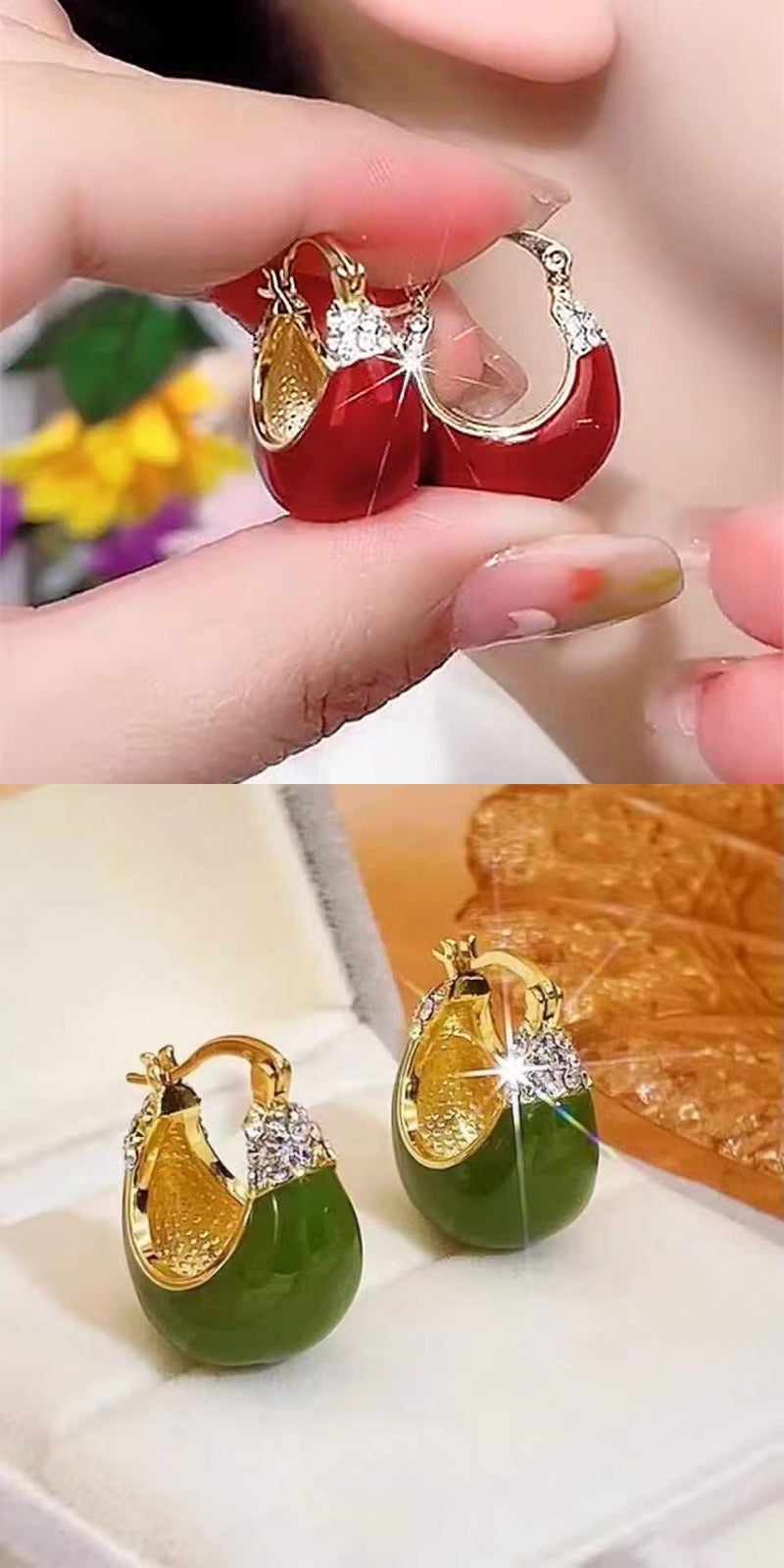 Red & Green Dripping Oil Rhinestone Earrings