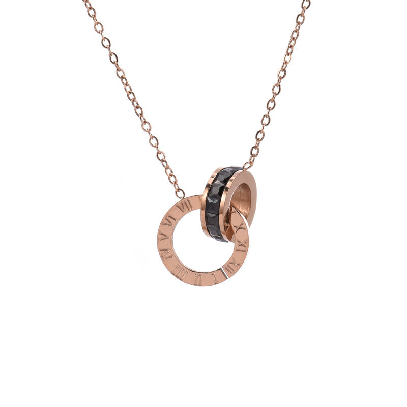 Roman Numeral Ring & Diamond Titanium Steel Necklace