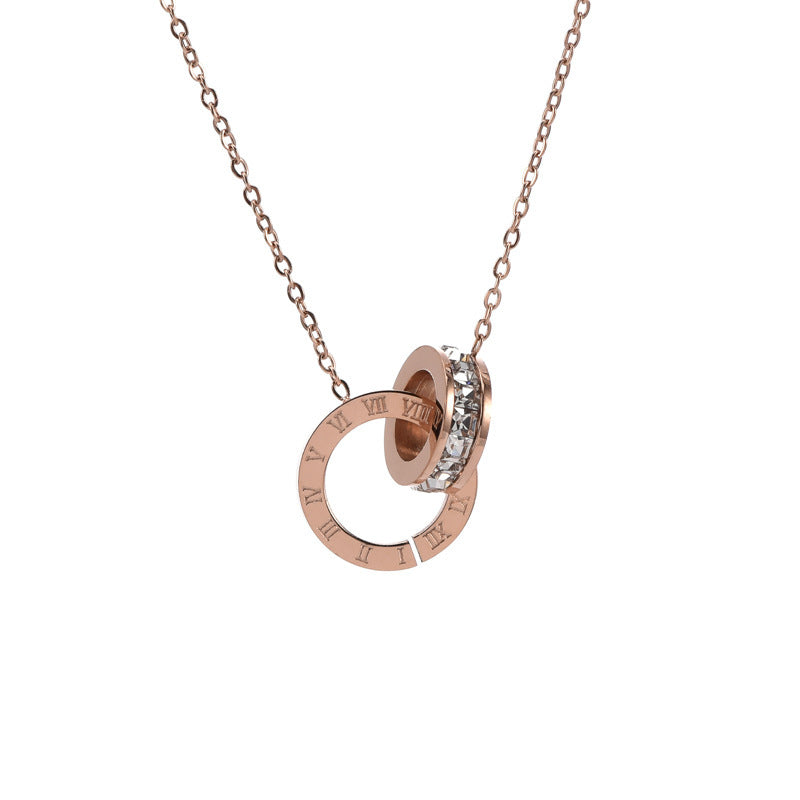 Roman Numeral Ring & Diamond Titanium Steel Necklace