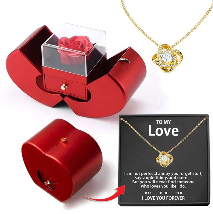 Red Apple Jewelry Box with Eternal Rose & Necklace