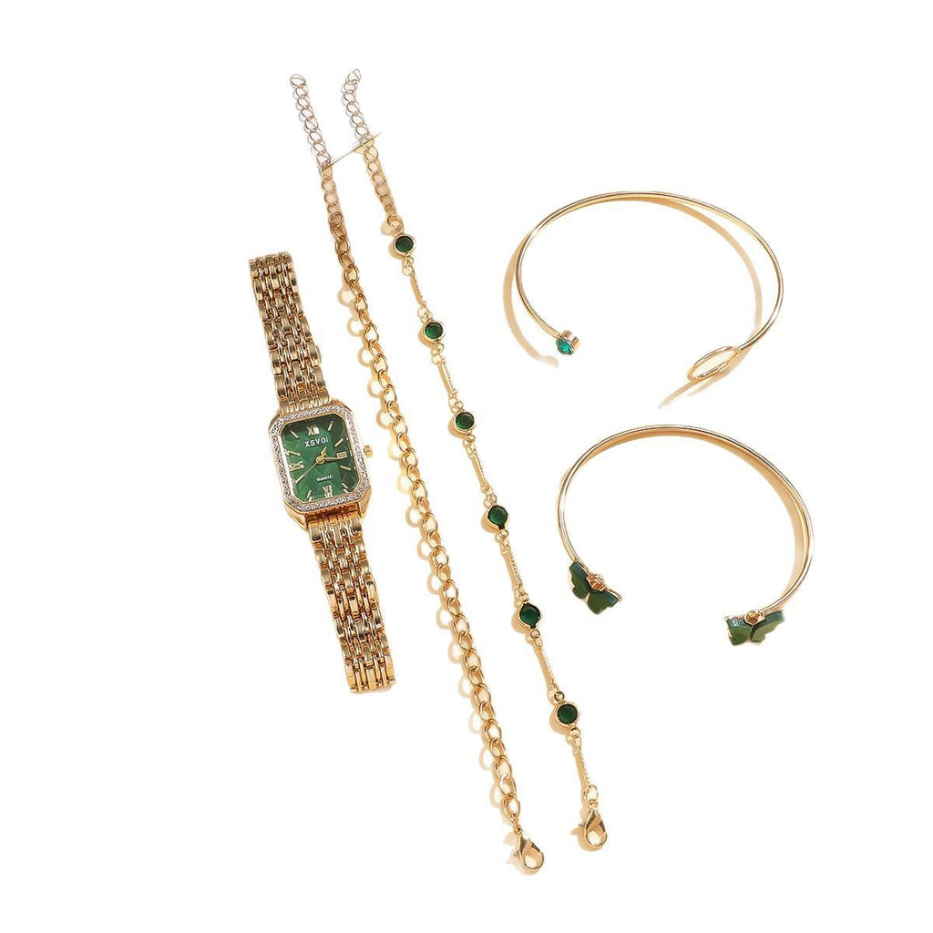 Emerald Luxury Square Steel Watch with Butterfly Bracelet