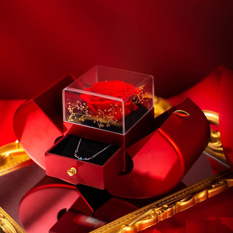 Red Apple Jewelry Box with Eternal Rose & Necklace
