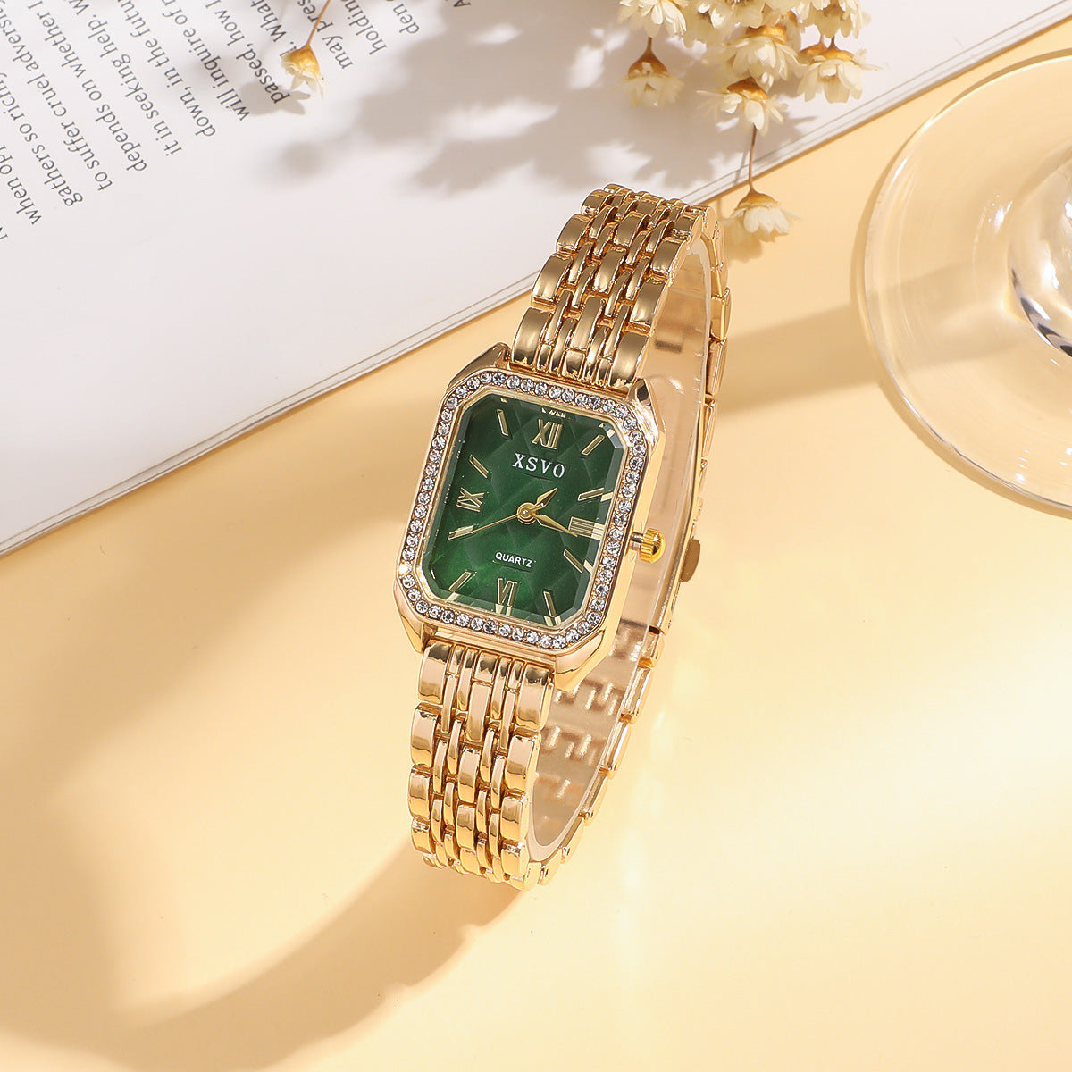 Emerald Luxury Square Steel Watch with Butterfly Bracelet