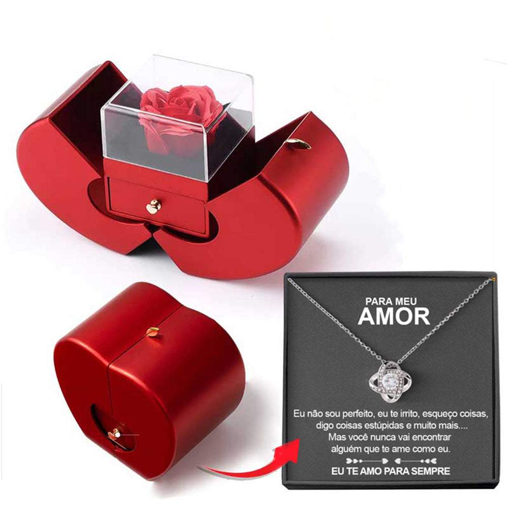Red Apple Jewelry Box with Eternal Rose & Necklace