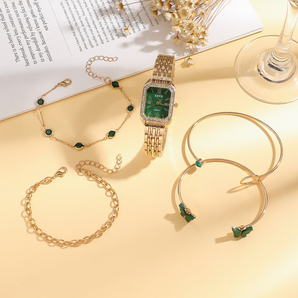 Emerald Luxury Square Steel Watch with Butterfly Bracelet