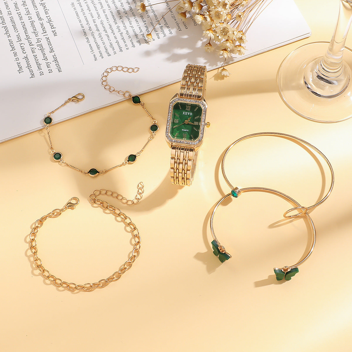 Emerald Luxury Square Steel Watch with Butterfly Bracelet