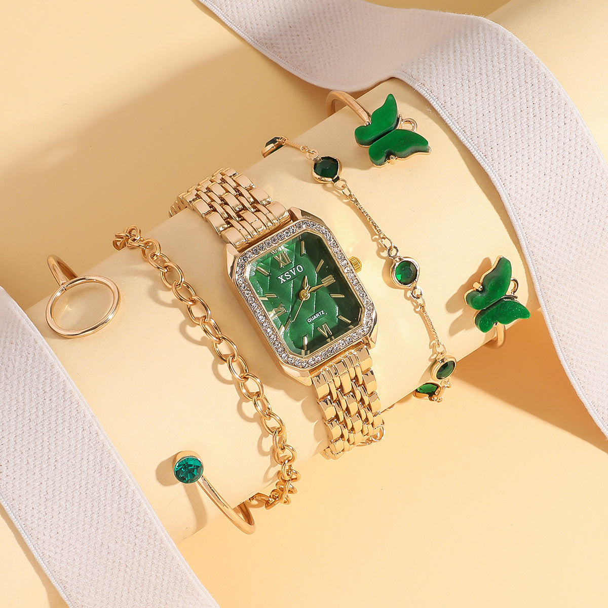 Emerald Luxury Square Steel Watch with Butterfly Bracelet